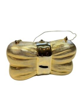 Vintage Saks Fifth Avenue Italy Bow Clamshell Gold Clutch Evening Bag RARE